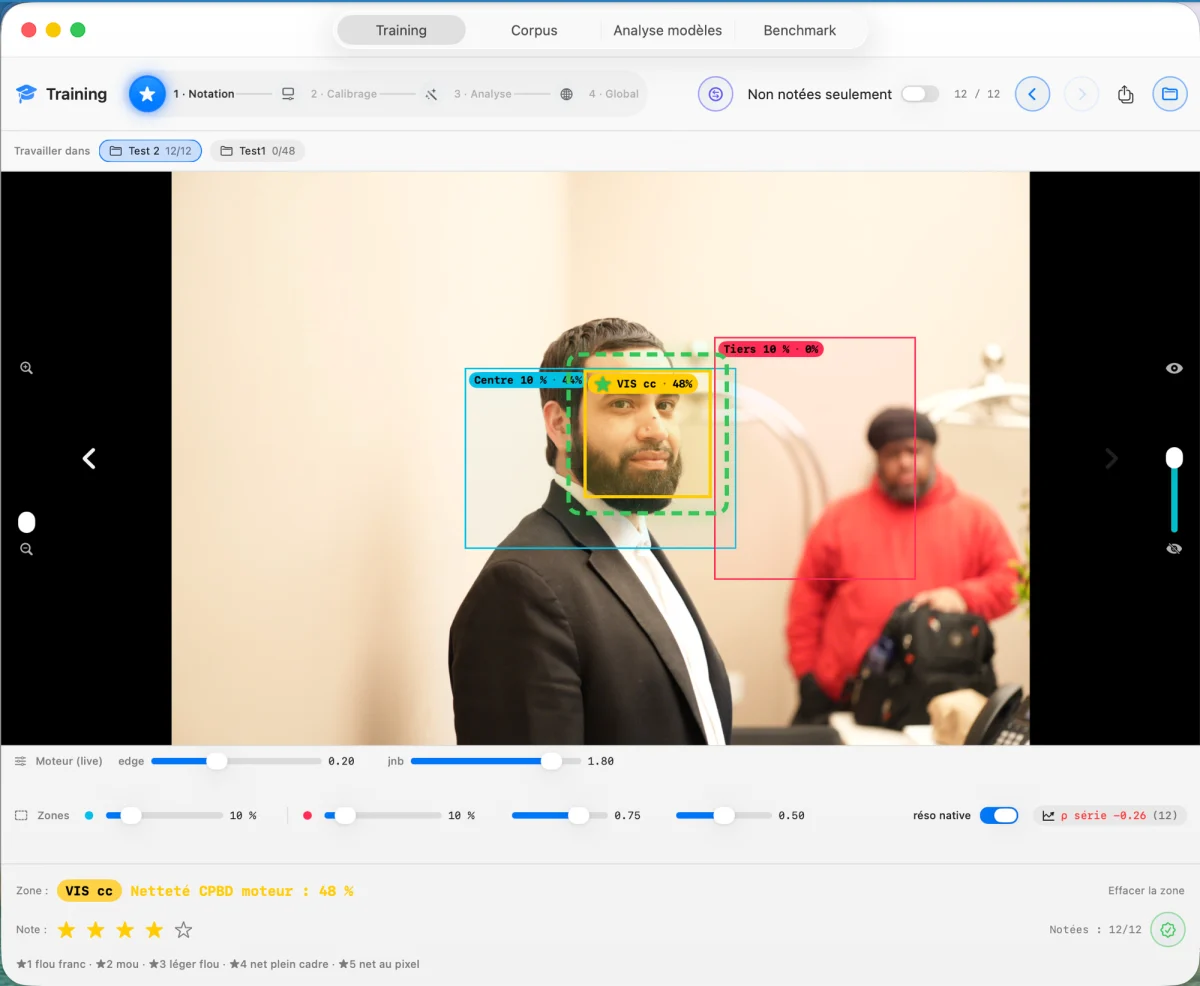 Training — star-rating a frame with zone-aware sharpness boxes (face, centre, thirds)